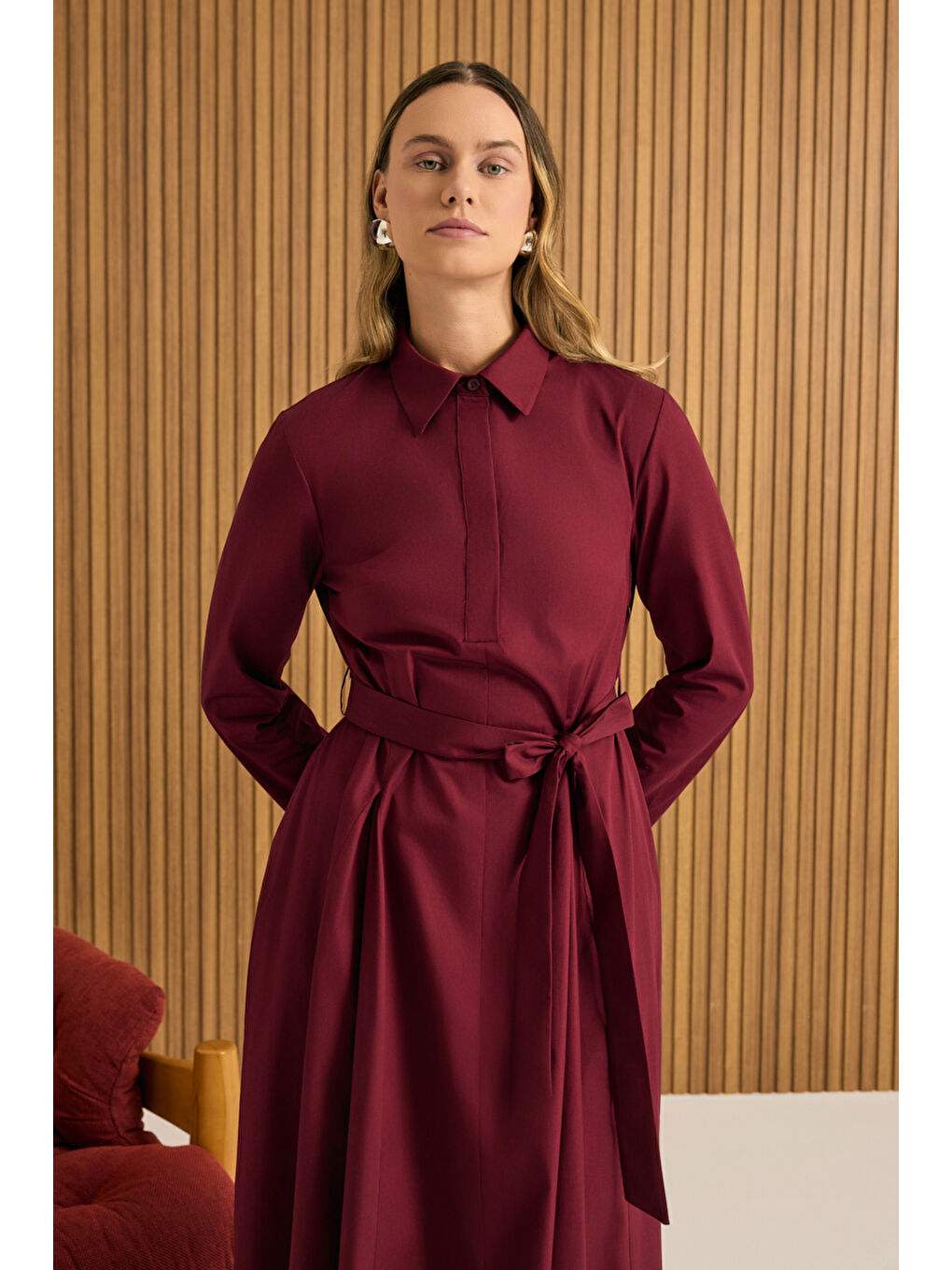 Bordo Pamuk Elbise-4