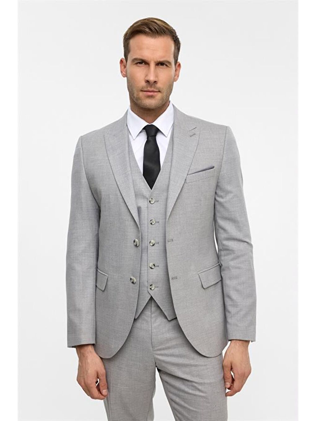 Gri Slim Desenli Sivri Yaka 6 Drop Yelekli Takım Elbise-2