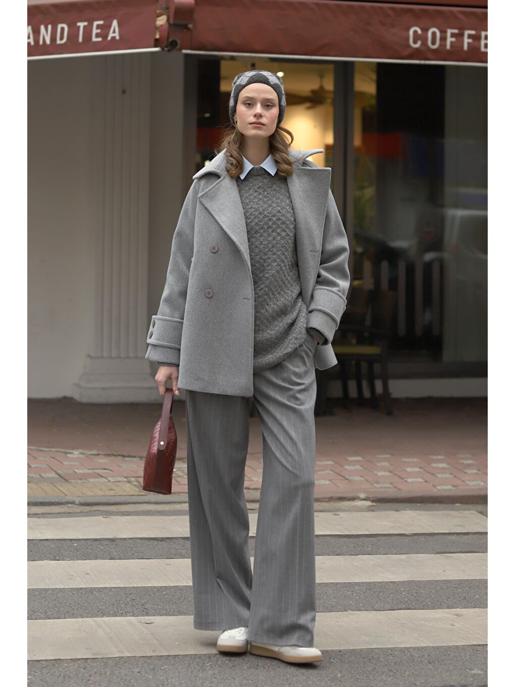 Kısa Kruvaze Kaban Gri Melanj