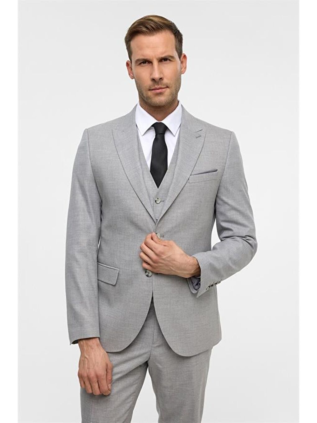 Gri Slim Desenli Sivri Yaka 6 Drop Yelekli Takım Elbise-3