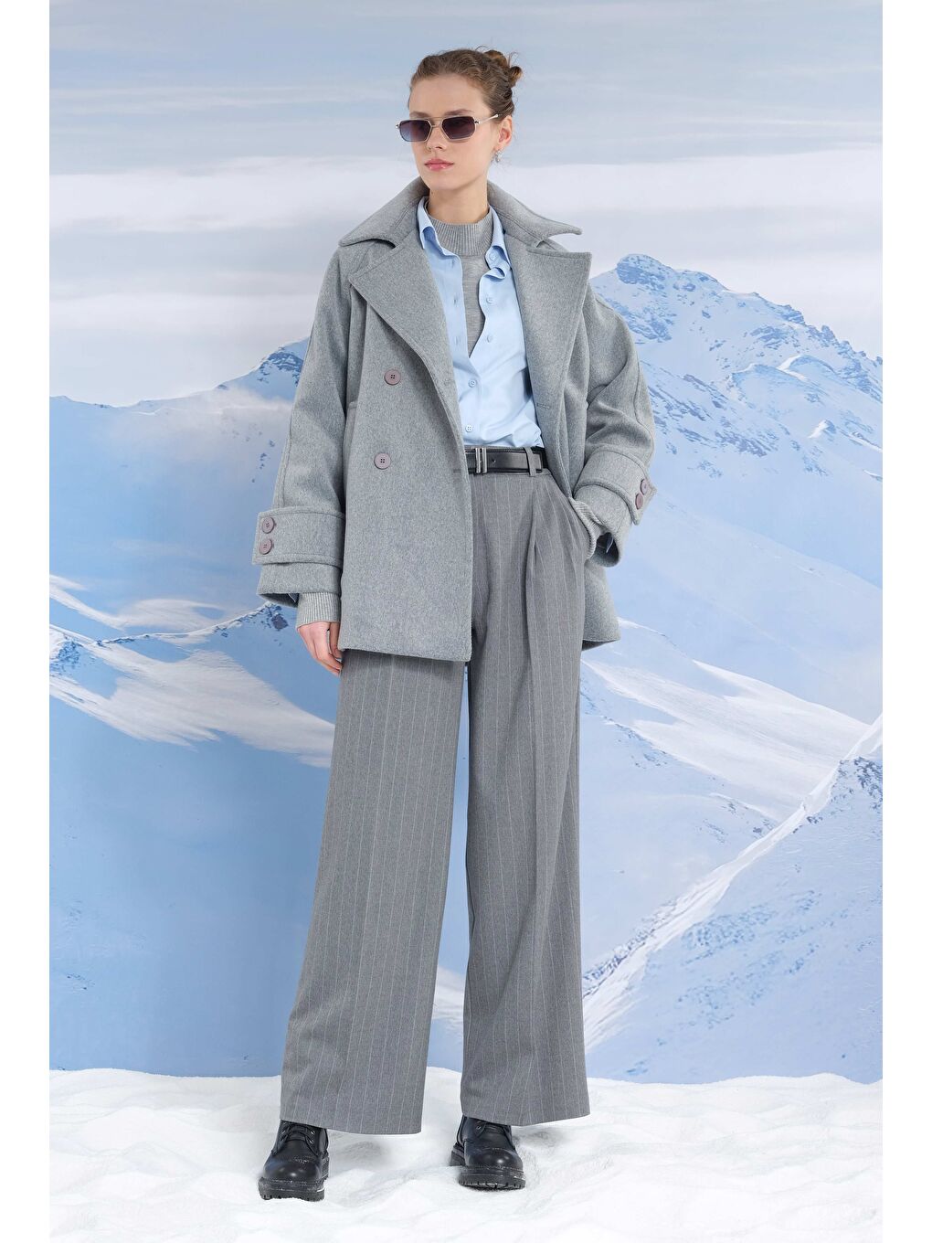 Kısa Kruvaze Kaban Gri Melanj-2