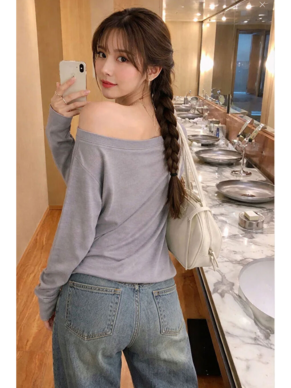 Antrasit Kadın Düşük Omuz Kayık Yaka Oversize Uzun Kollu T-Shirt-1