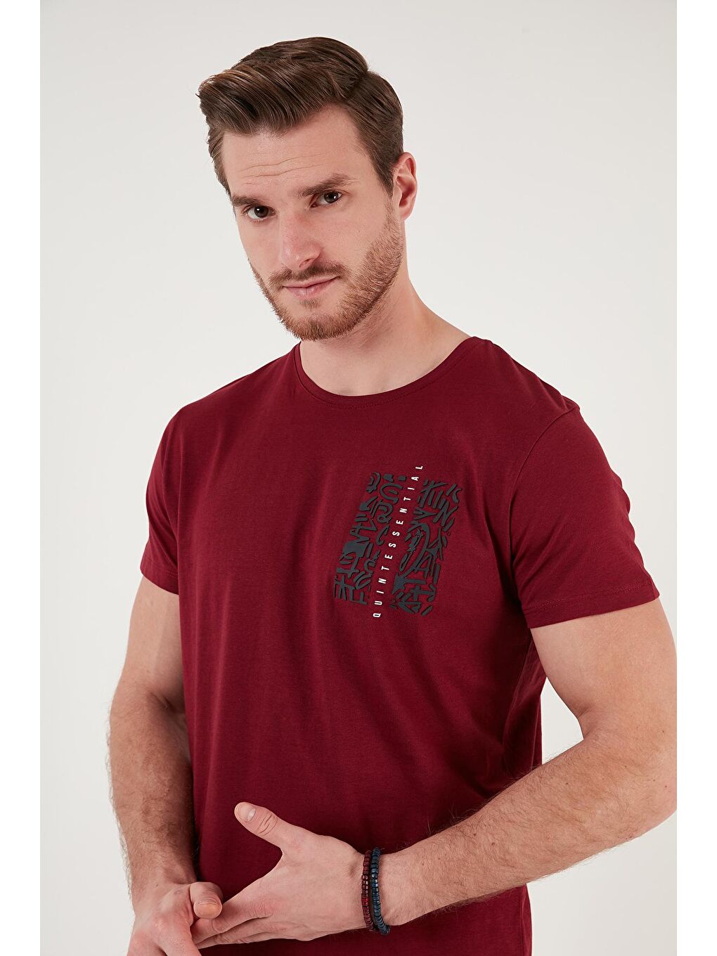 Bordo Bisiklet Yaka %100 Pamuk Slim Fit Erkek Tişört 541QUINT-3