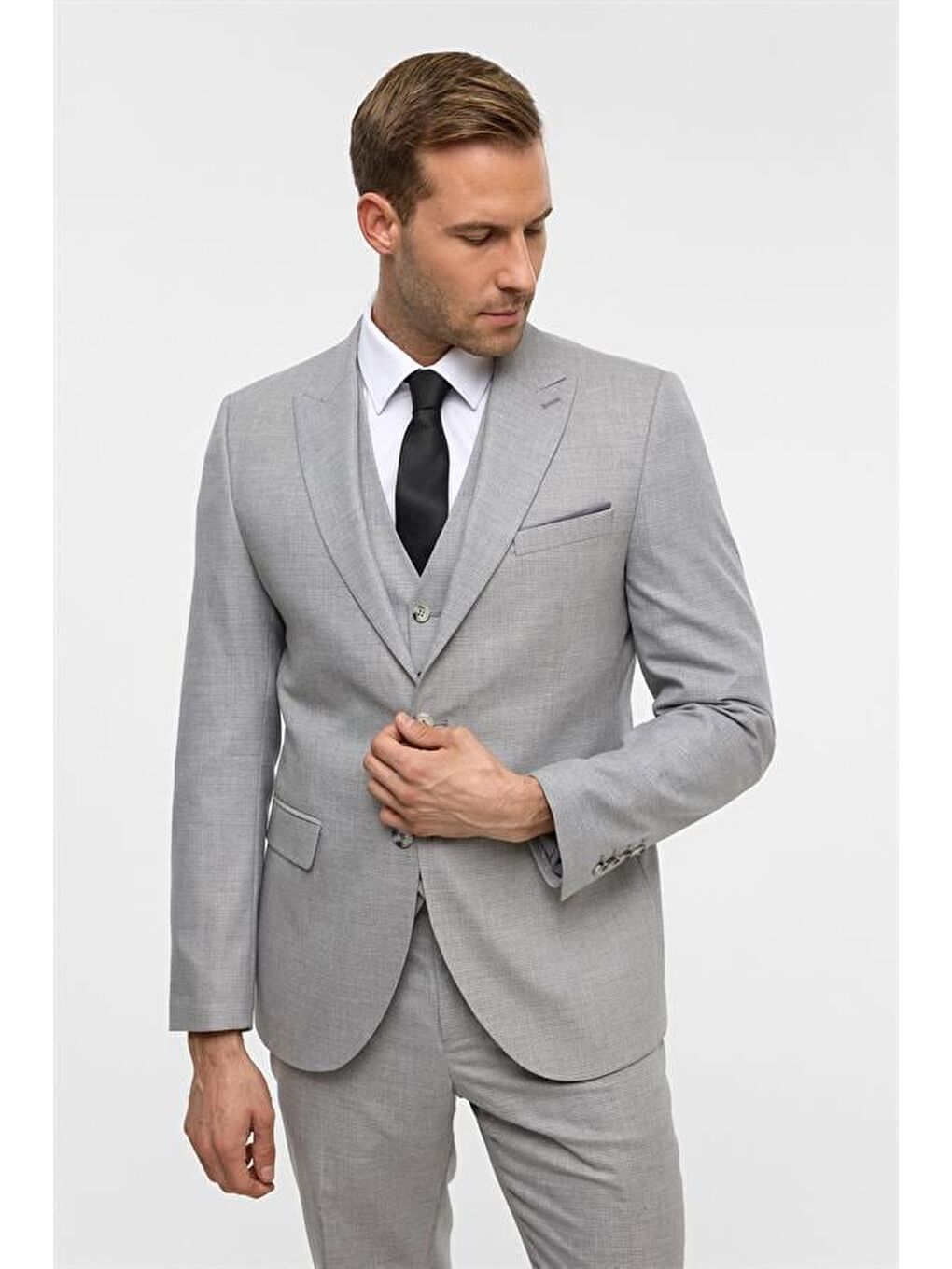 Gri Slim Desenli Sivri Yaka 6 Drop Yelekli Takım Elbise-4