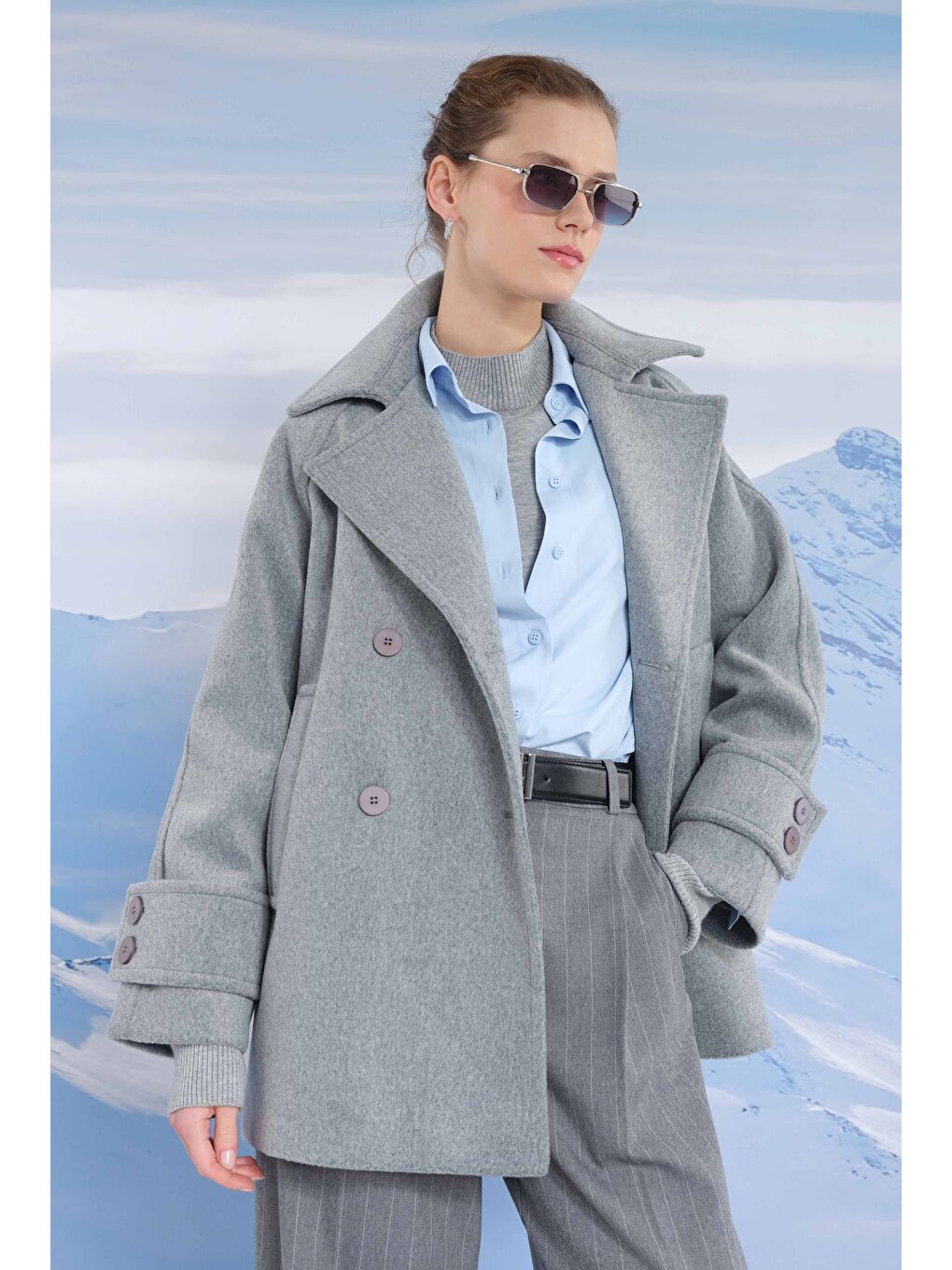 Kısa Kruvaze Kaban Gri Melanj-4