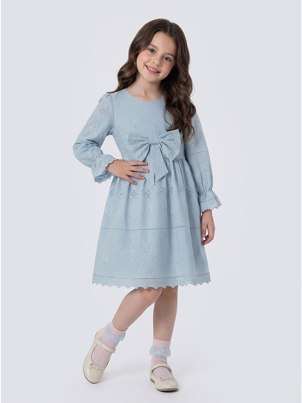 Mavi Kız Çocuk Uzun Kollu Önü Kurdelalı Fisto Elbise