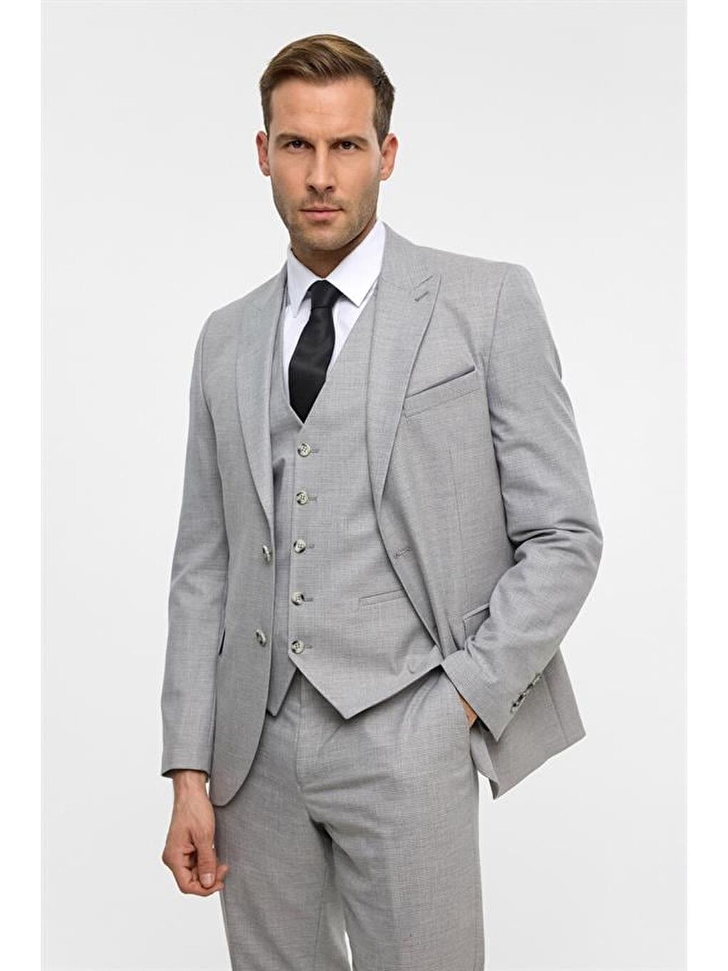 Gri Slim Desenli Sivri Yaka 6 Drop Yelekli Takım Elbise-5