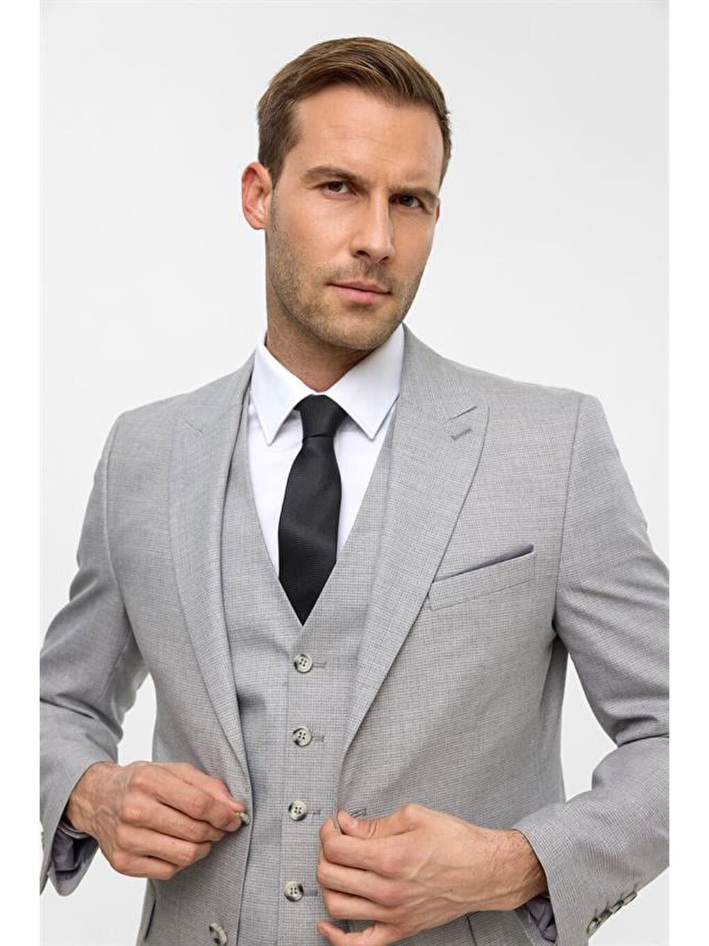 Gri Slim Desenli Sivri Yaka 6 Drop Yelekli Takım Elbise-6