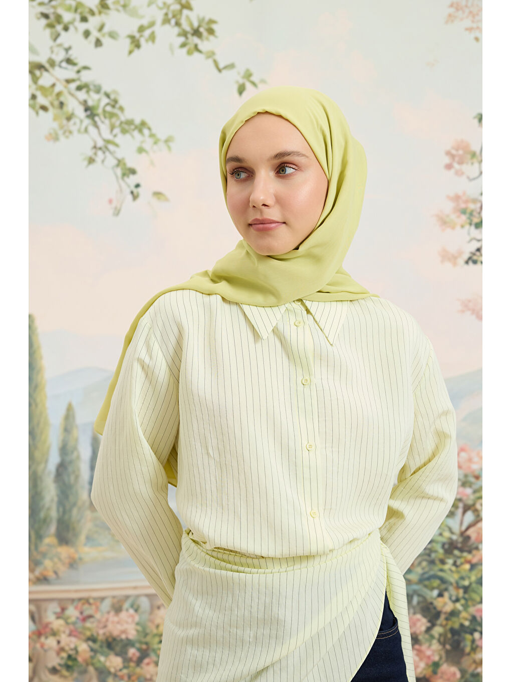 Yeşil Floş Viskon Düz Şal Lime-1