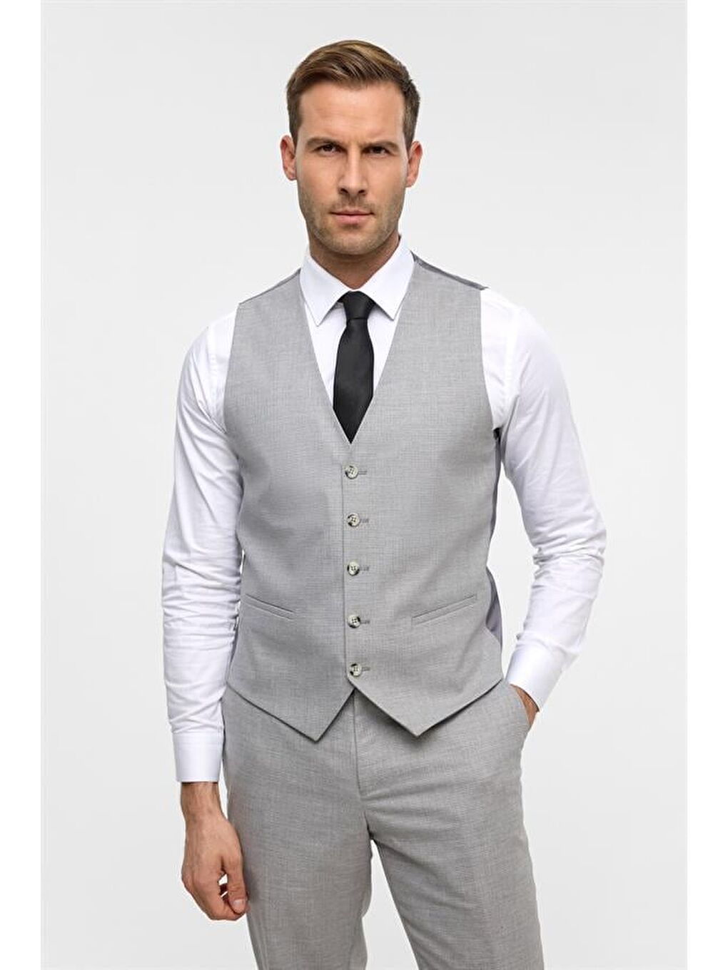 Gri Slim Desenli Sivri Yaka 6 Drop Yelekli Takım Elbise-7