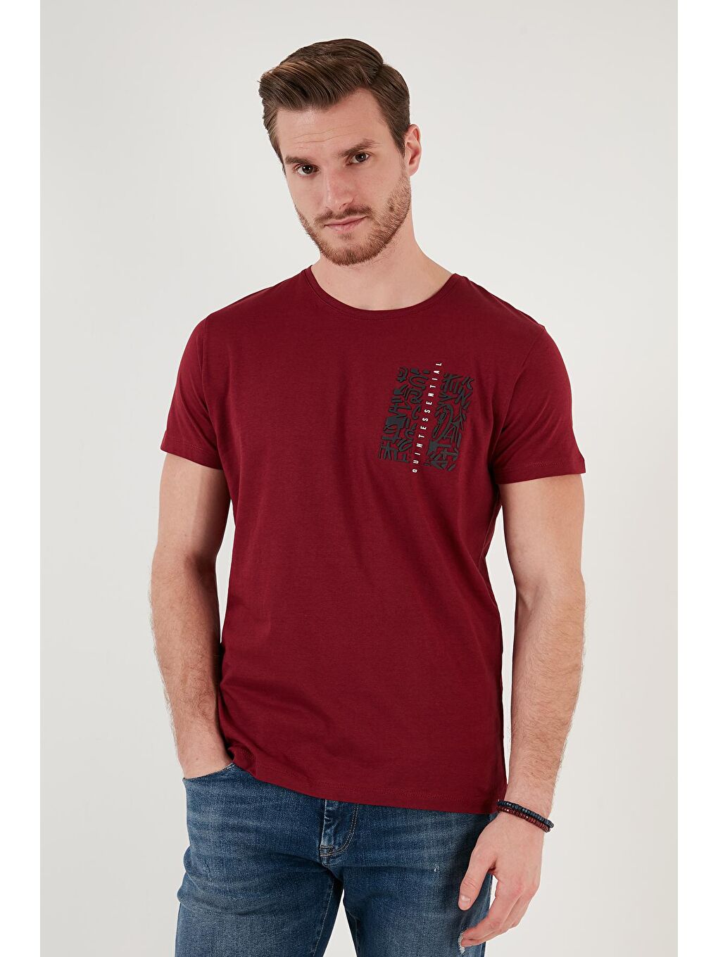 Bordo Bisiklet Yaka %100 Pamuk Slim Fit Erkek Tişört 541QUINT-4