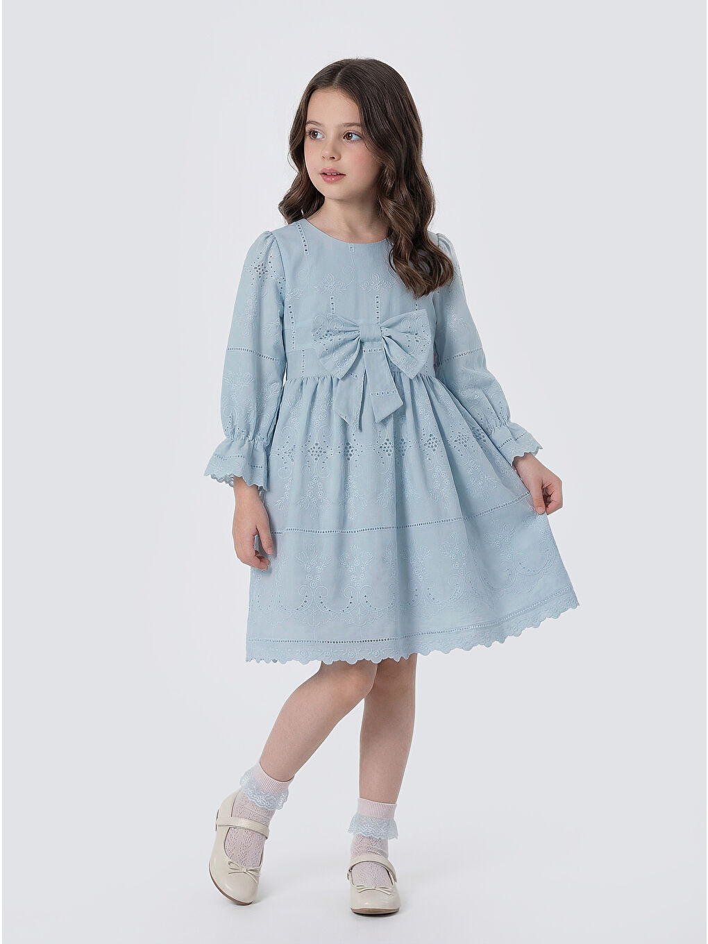 Mavi Kız Çocuk Uzun Kollu Önü Kurdelalı Fisto Elbise-1