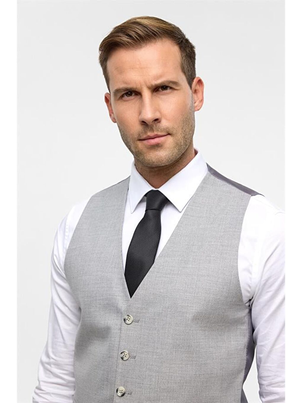 Gri Slim Desenli Sivri Yaka 6 Drop Yelekli Takım Elbise-8