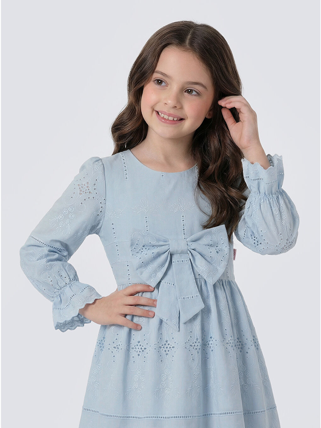 Mavi Kız Çocuk Uzun Kollu Önü Kurdelalı Fisto Elbise-2