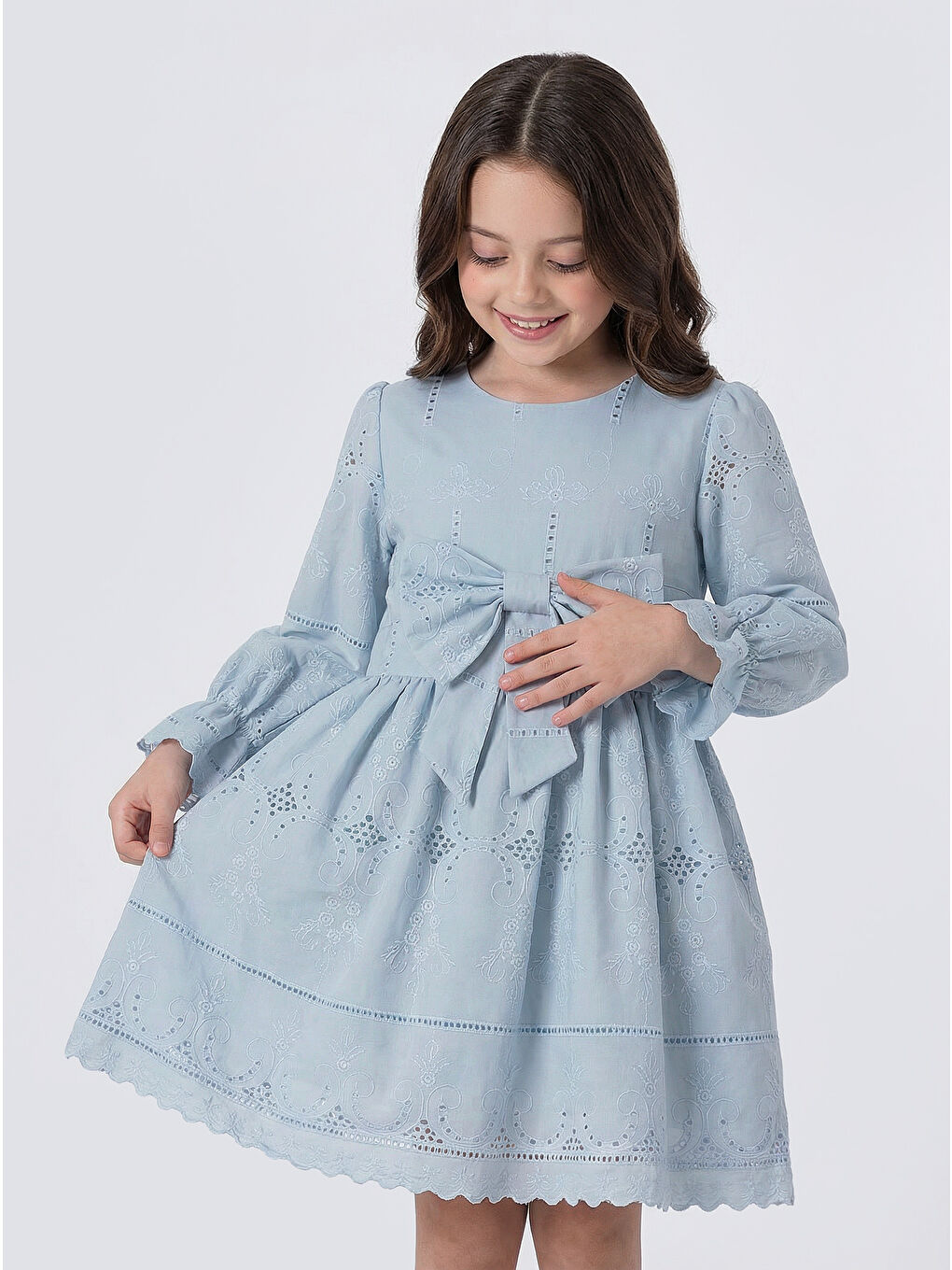 Mavi Kız Çocuk Uzun Kollu Önü Kurdelalı Fisto Elbise-3