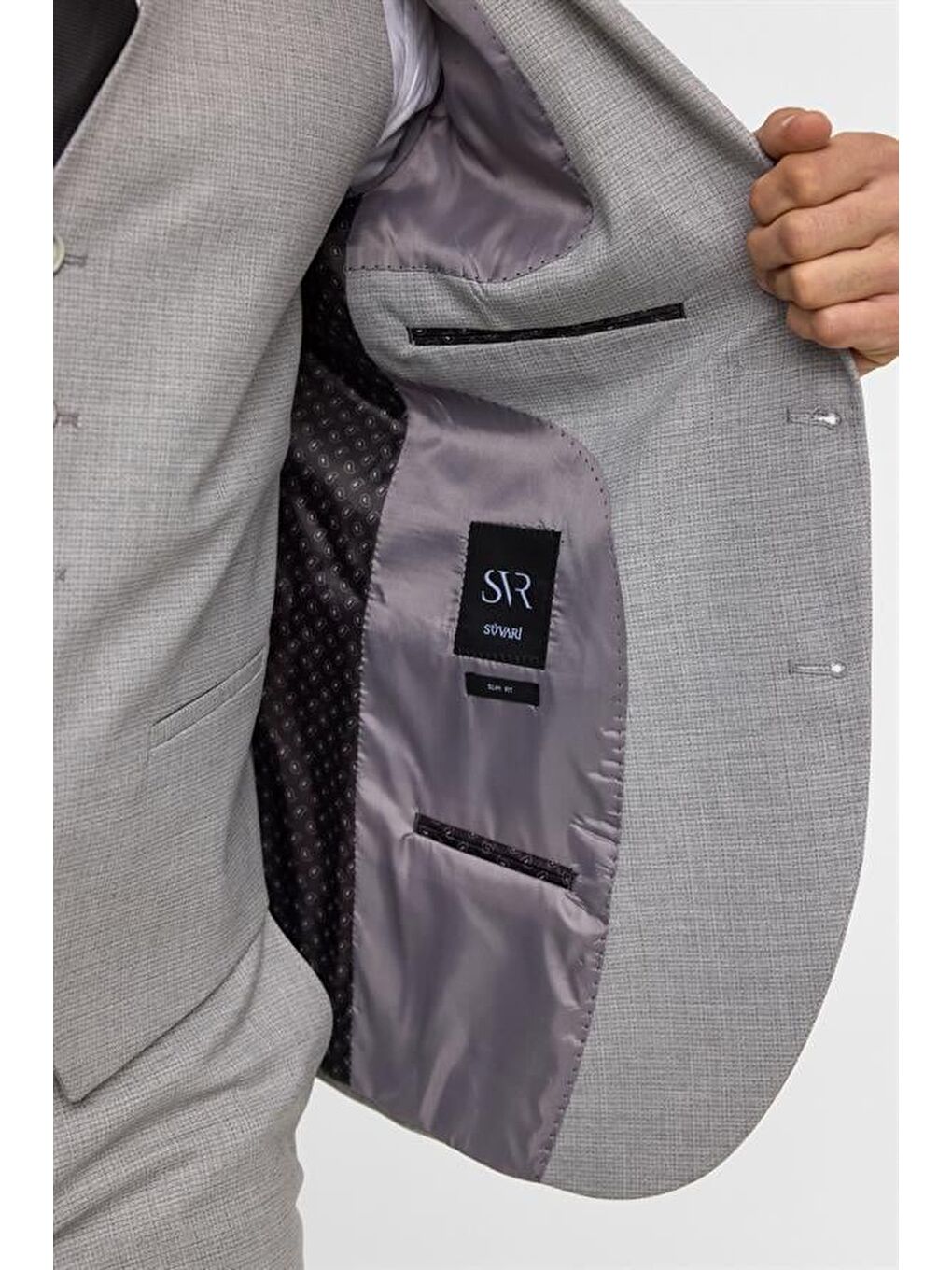 Gri Slim Desenli Sivri Yaka 6 Drop Yelekli Takım Elbise-10