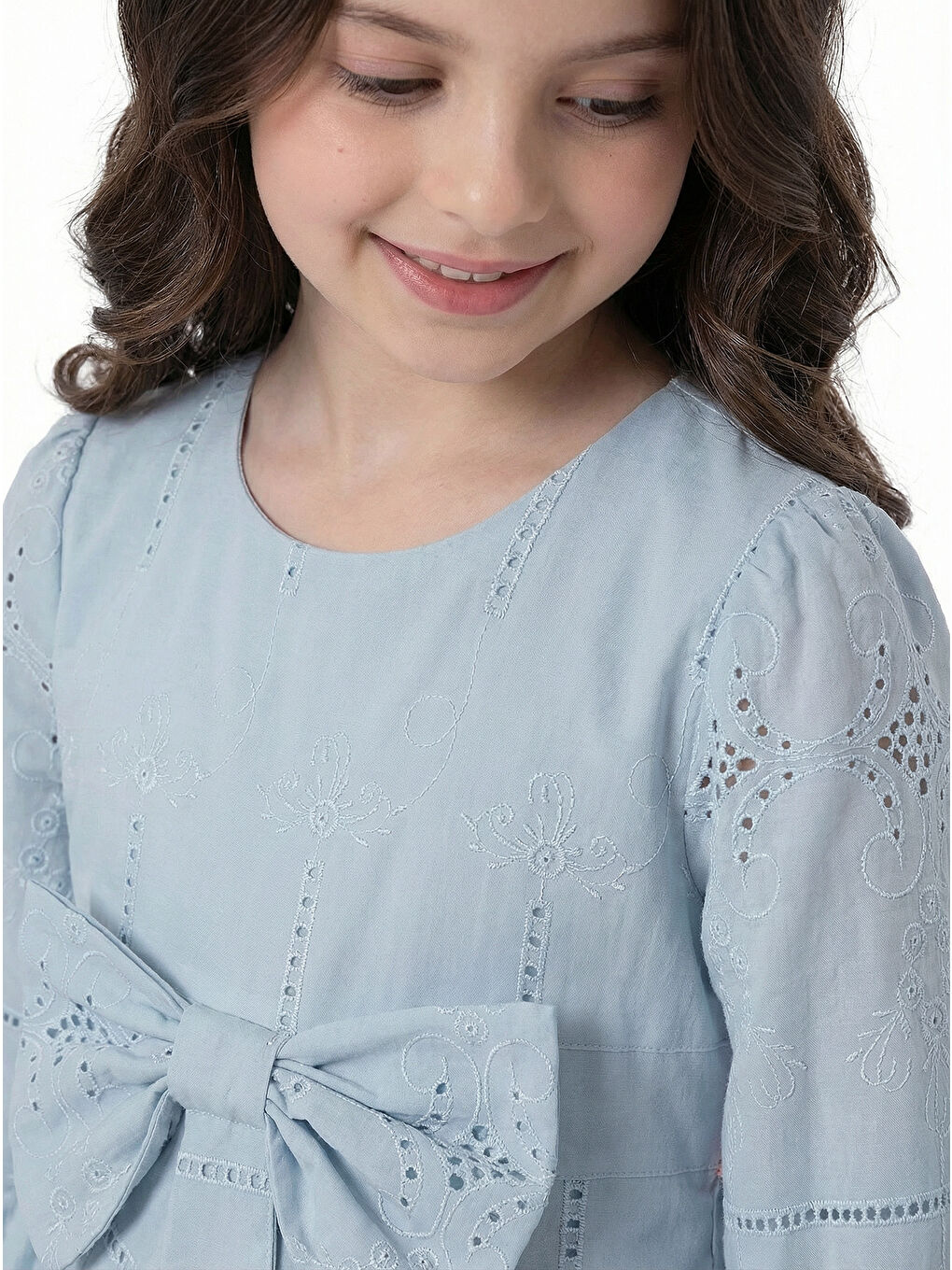 Mavi Kız Çocuk Uzun Kollu Önü Kurdelalı Fisto Elbise-4