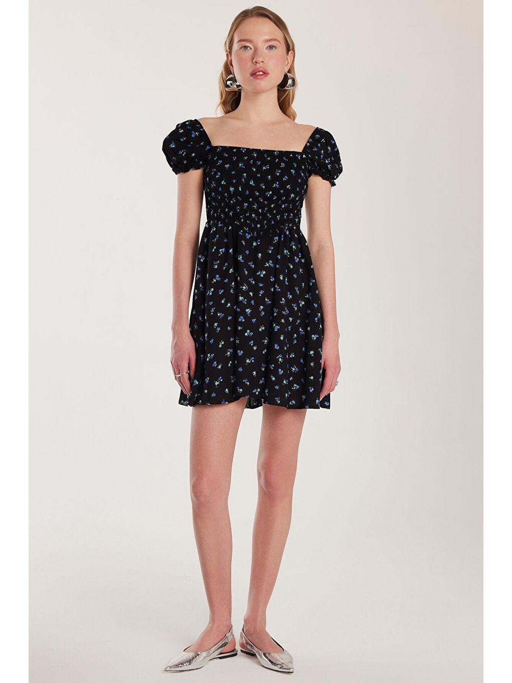 Karışık Kadın Standart Fit Normal Kesim Viskon Kare Yaka Midi Elbise-3