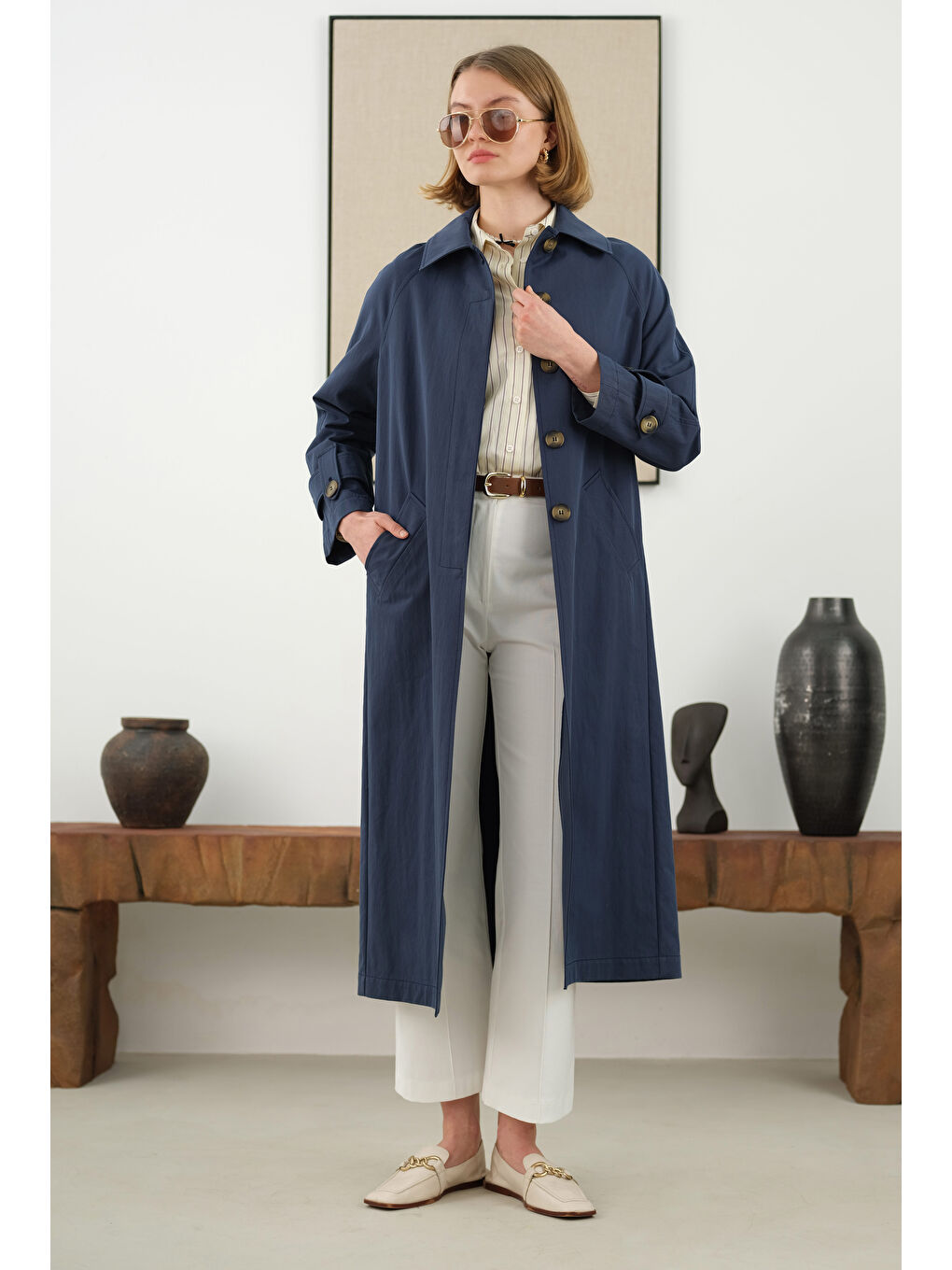 Çift Apoletli Trençkot Lacivert