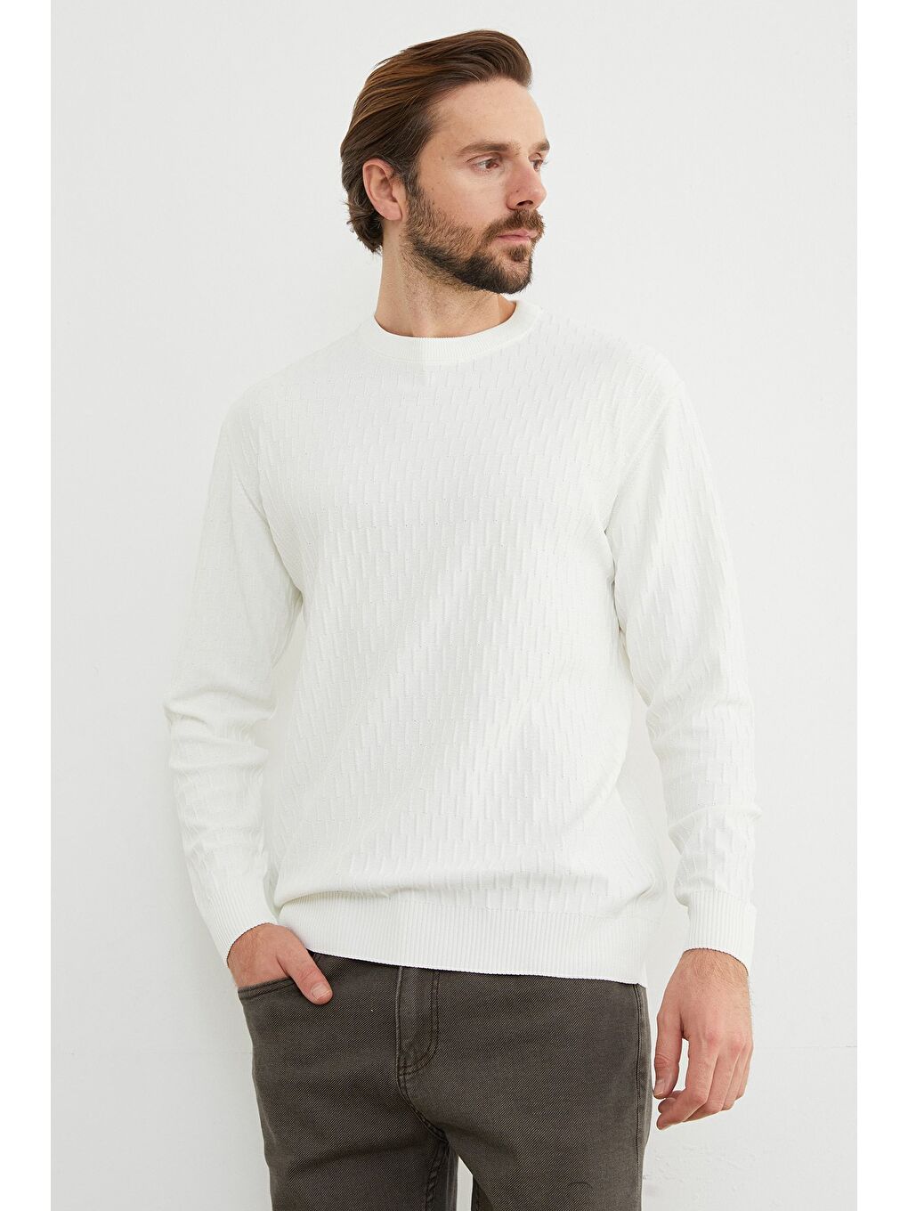 Beyaz Basic Bisiklet Yaka Triko Kazak-1