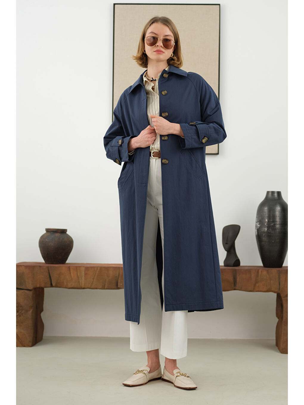 Çift Apoletli Trençkot Lacivert-1