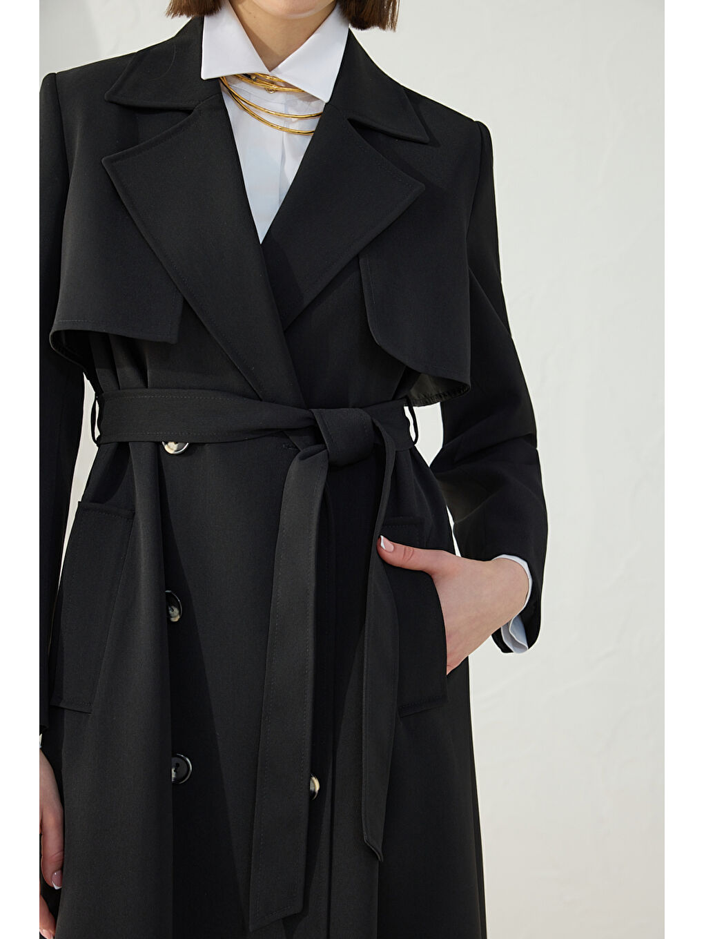 Siyah Çift Rüzgarlı Pardösü-5