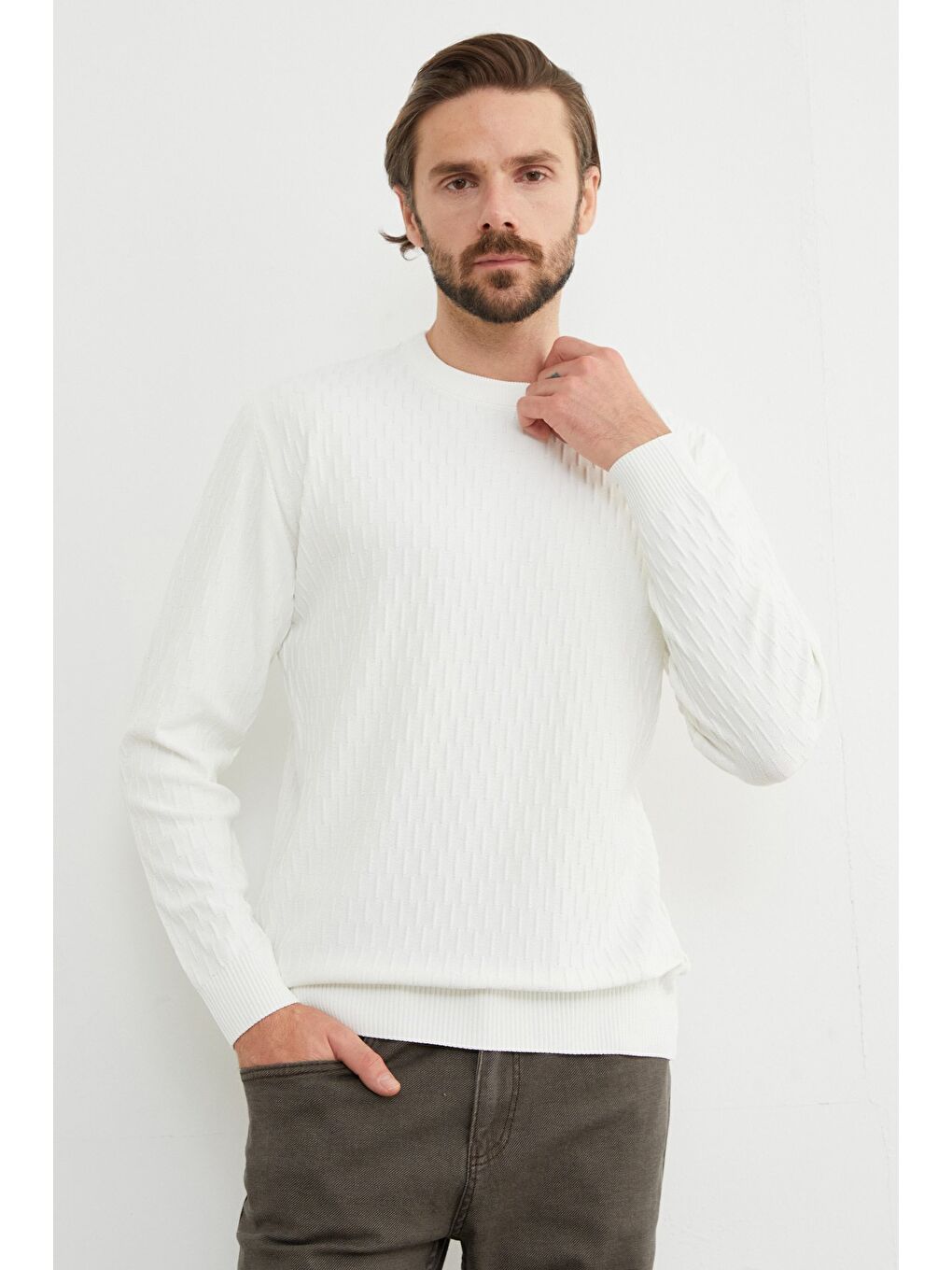 Beyaz Basic Bisiklet Yaka Triko Kazak-2