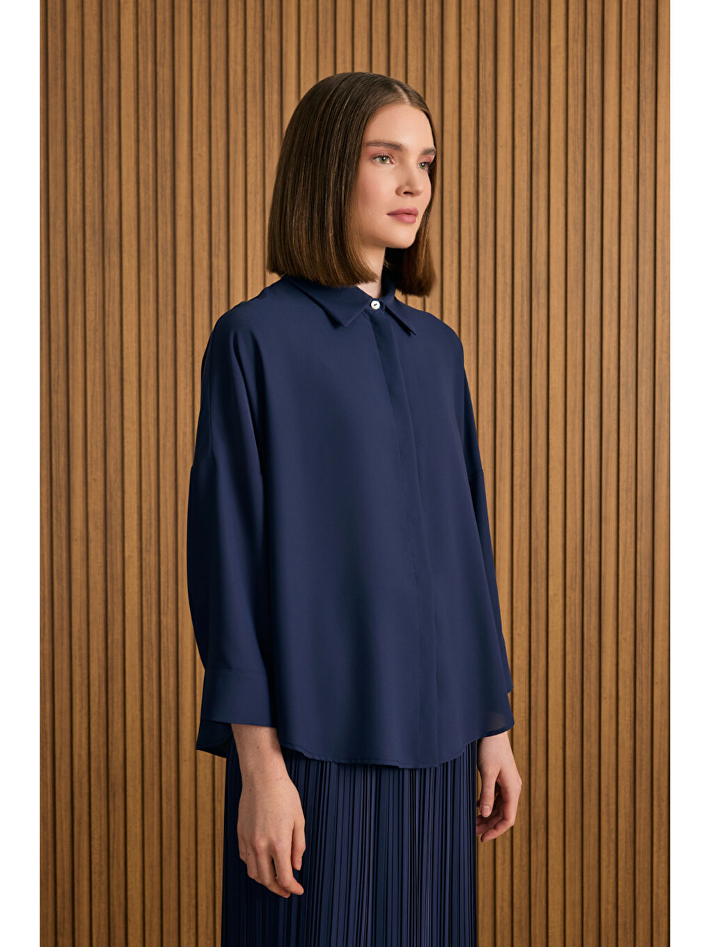 Lacivert Dökümlü Bluz-2