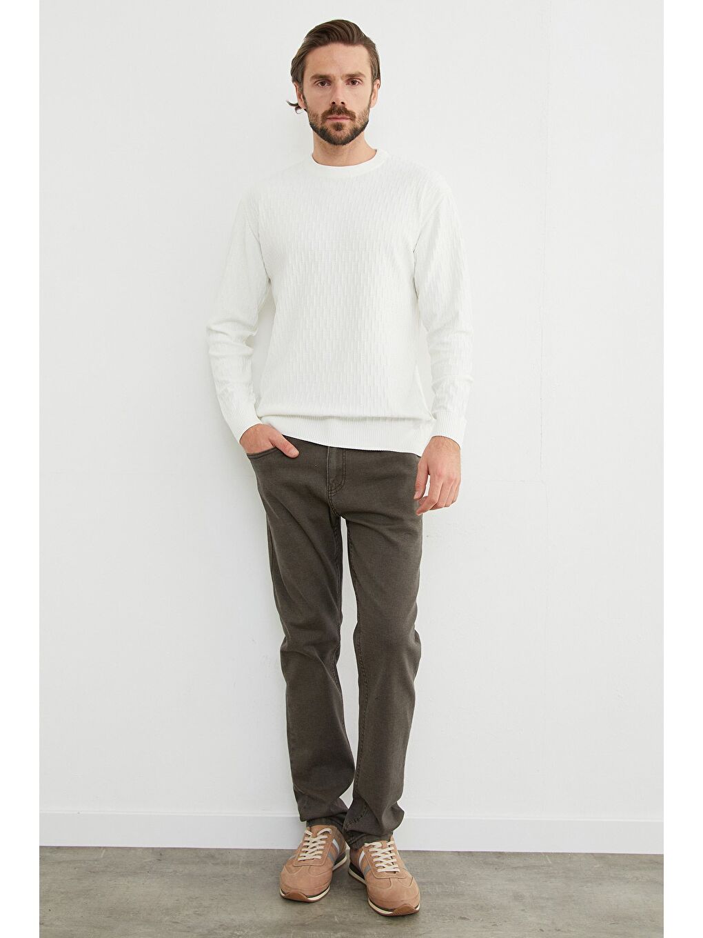 Beyaz Basic Bisiklet Yaka Triko Kazak-3