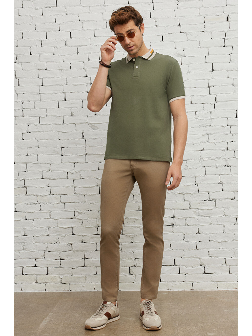 Erkek Haki Slim Fit Dar Kesim %100 Pamuk Polo Yaka Tişört-1