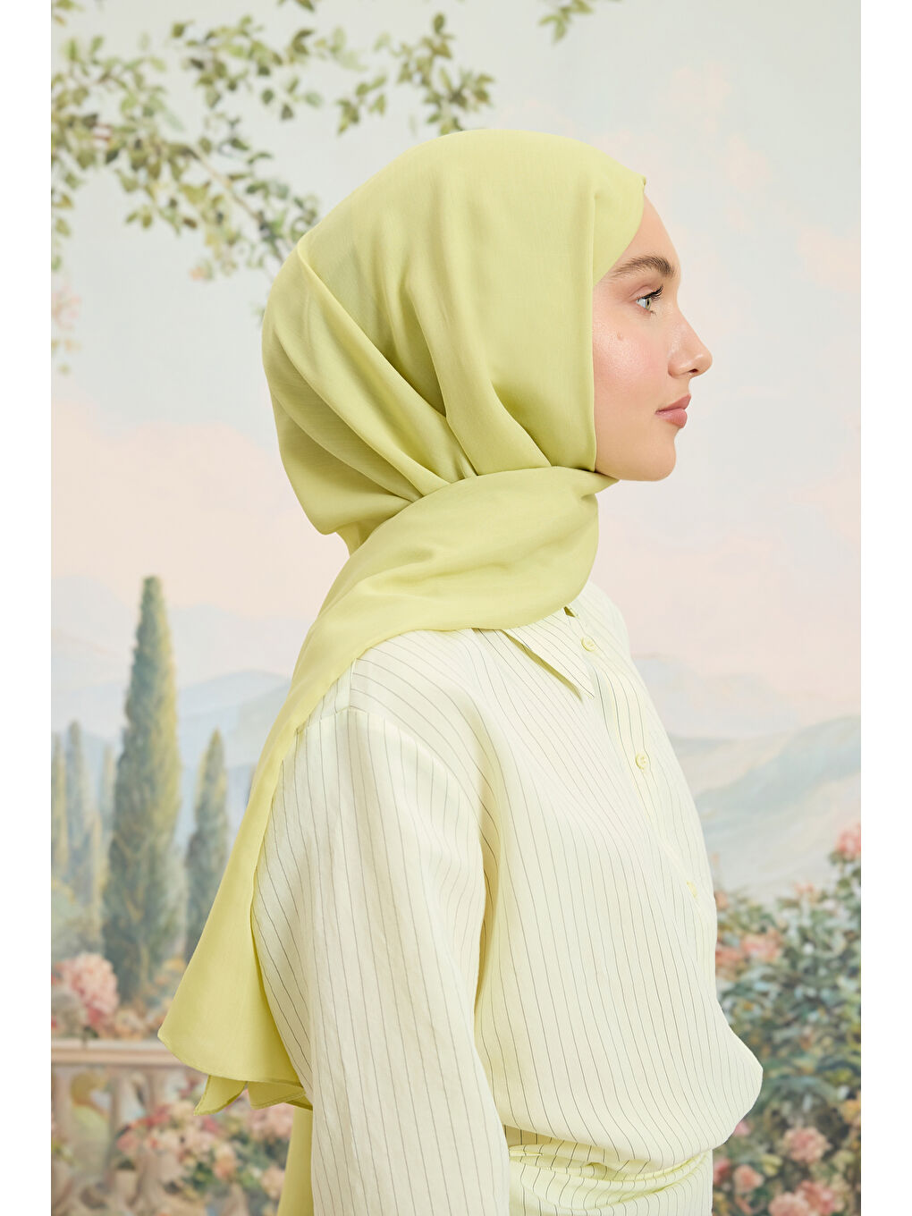 Yeşil Floş Viskon Düz Şal Lime-4