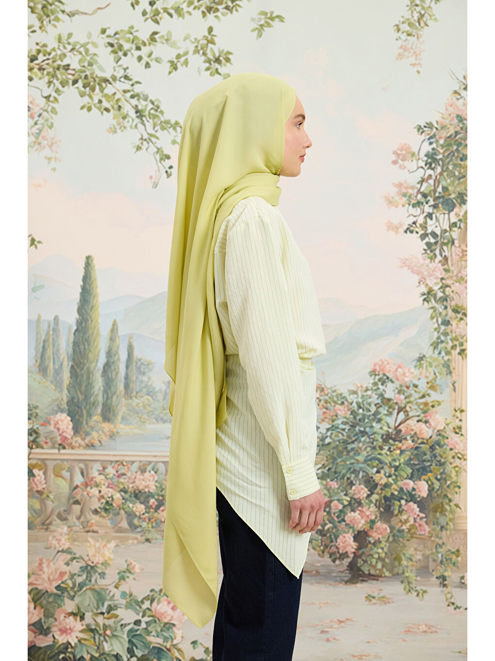 Yeşil Floş Viskon Düz Şal Lime-5