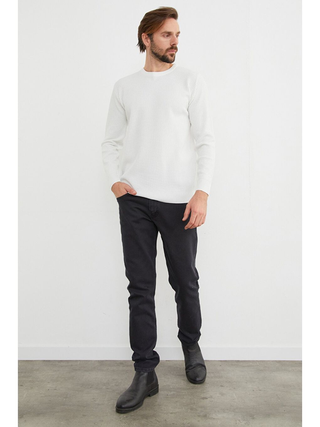 Beyaz Basic Bisiklet Yaka Örgü Triko Kazak-1