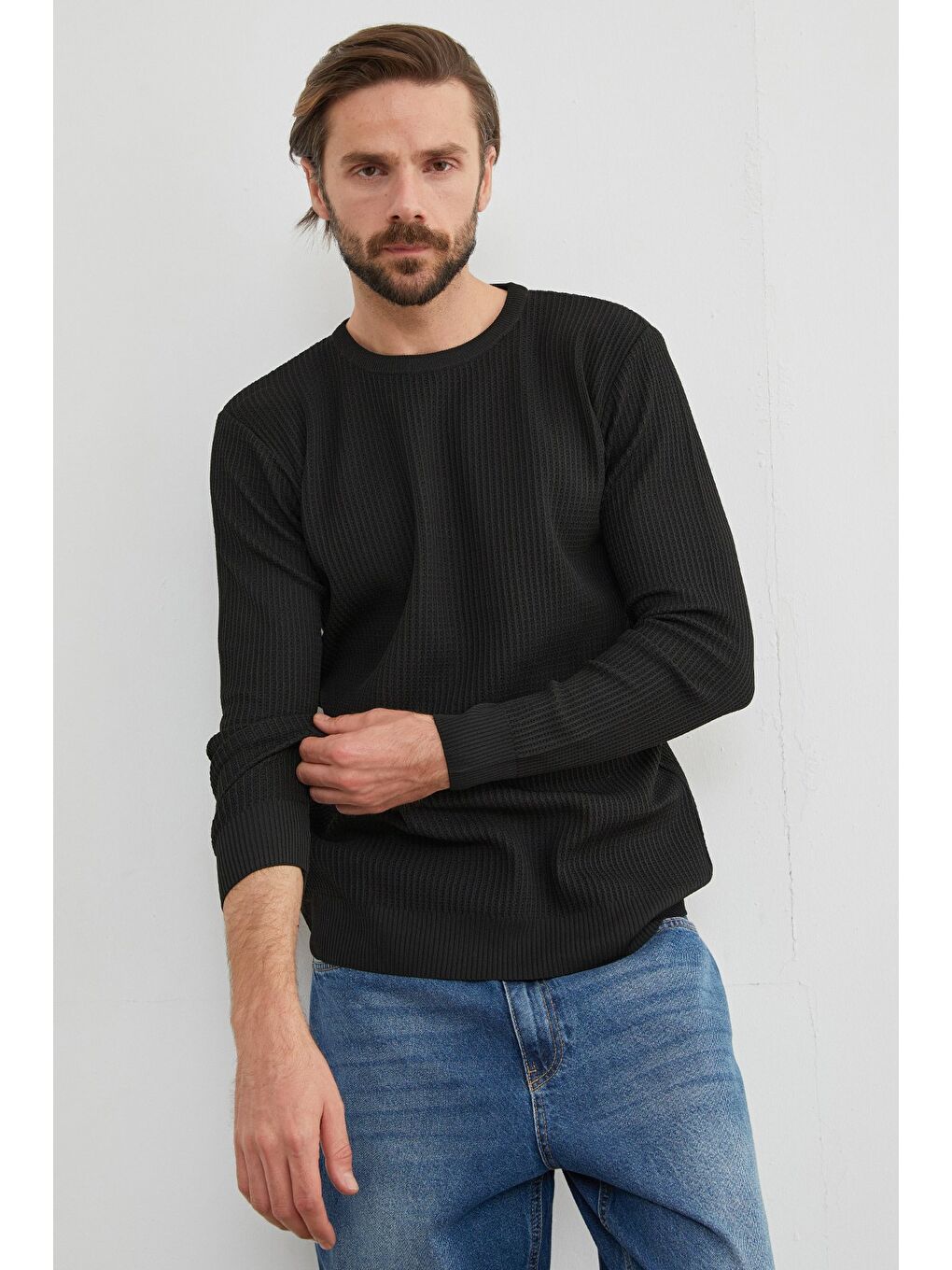 Siyah Basic Bisiklet Yaka Örgü Triko Kazak-4