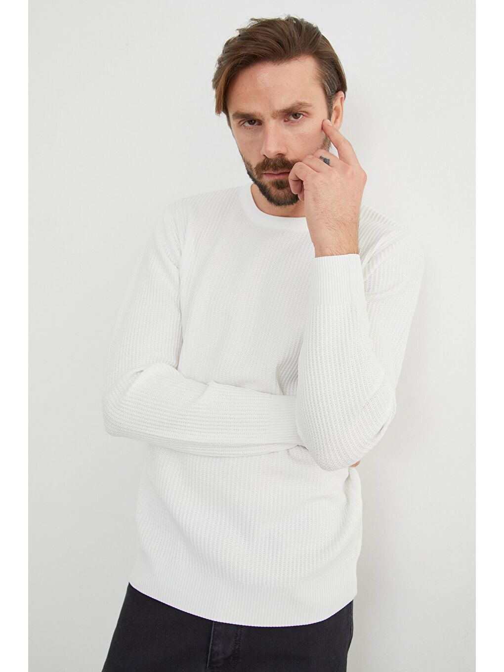 Beyaz Basic Bisiklet Yaka Örgü Triko Kazak-4