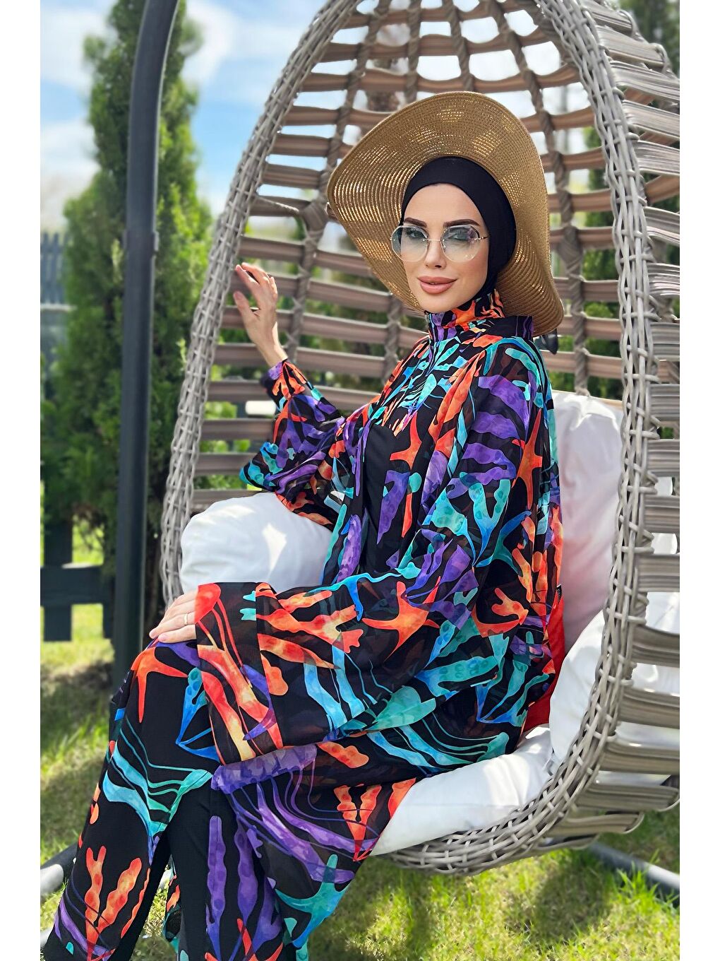 Remsa Mayo Siyah Tesettür Mayo Üzerine Tek Kaftan Kimono Pareo - 7