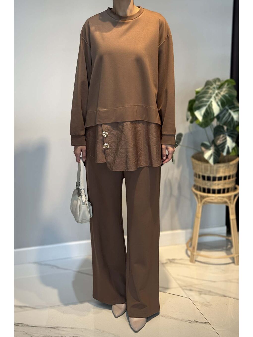 Kahverengi Önü Gold Düğme Detaylı Pantolonlu Takım 6931 Camel