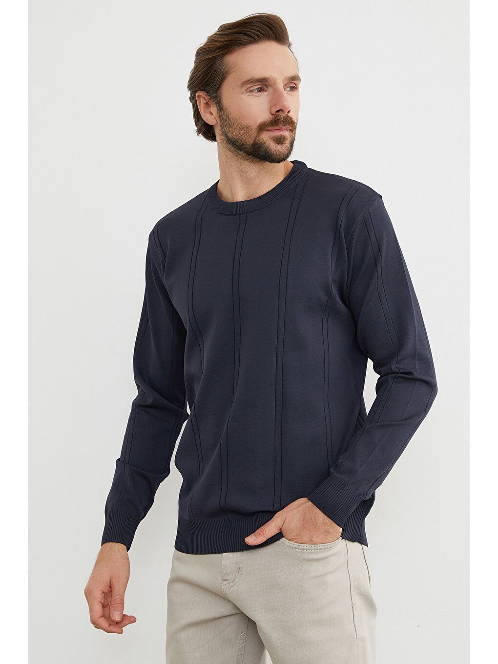 Lacivert Şeritli Bisiklet Yaka Triko Kazak