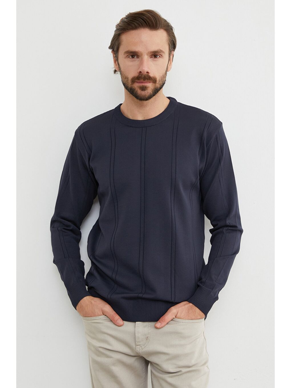 Lacivert Şeritli Bisiklet Yaka Triko Kazak-1