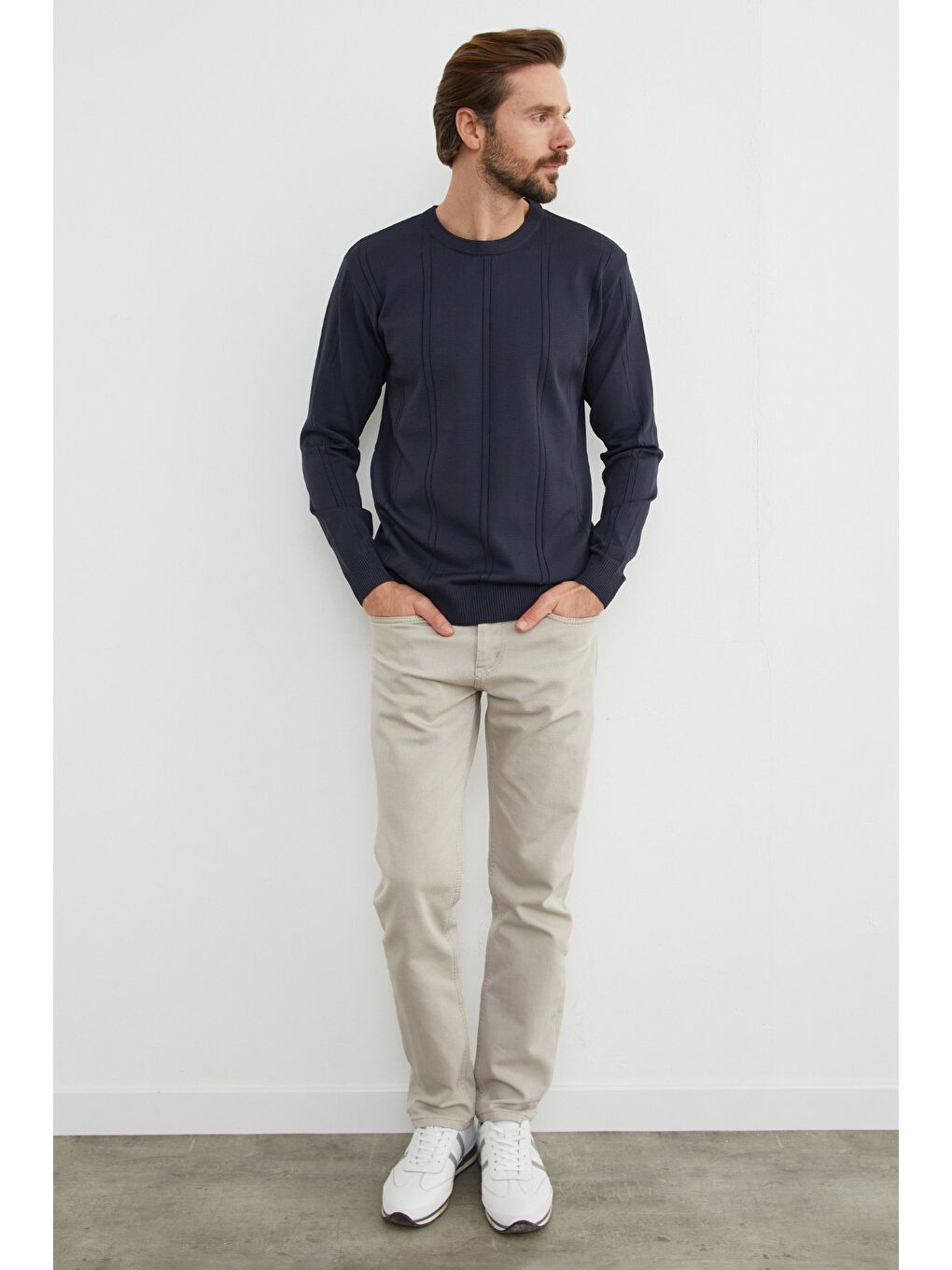 Lacivert Şeritli Bisiklet Yaka Triko Kazak-2