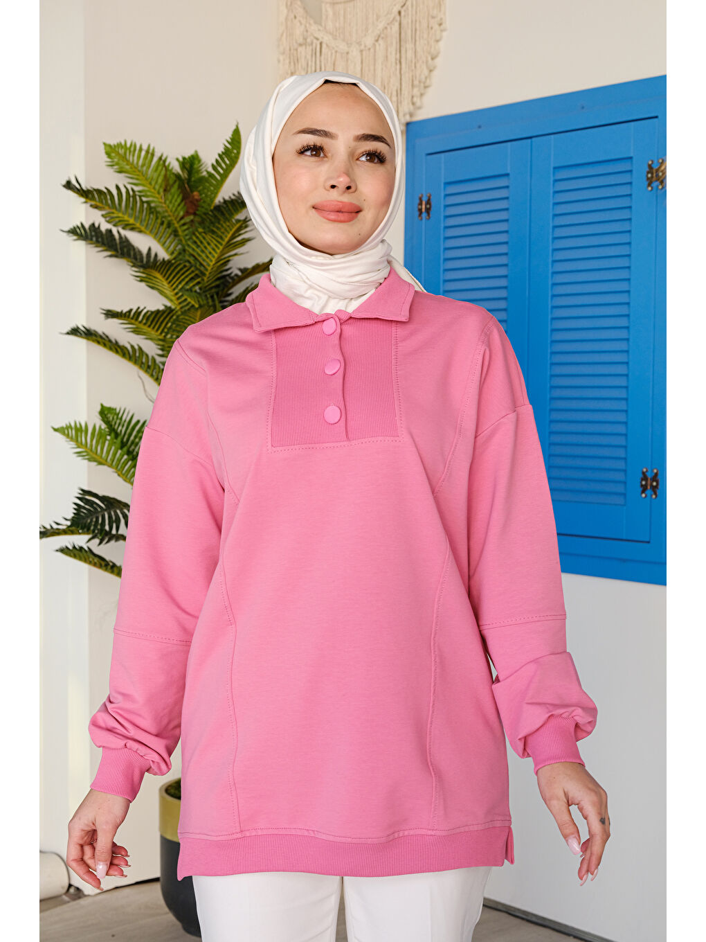 Locco Moda Kumaş Düğme Detay Tunik Pembe