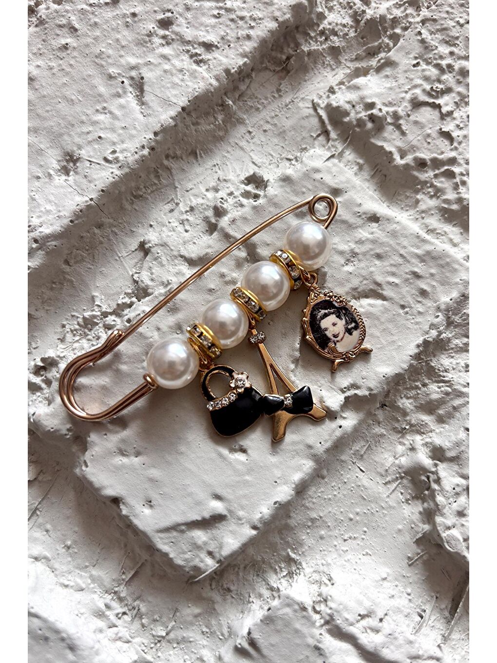 Sarı Emily Paris Detaylı Vintage Yaka İğnesi Broş-2