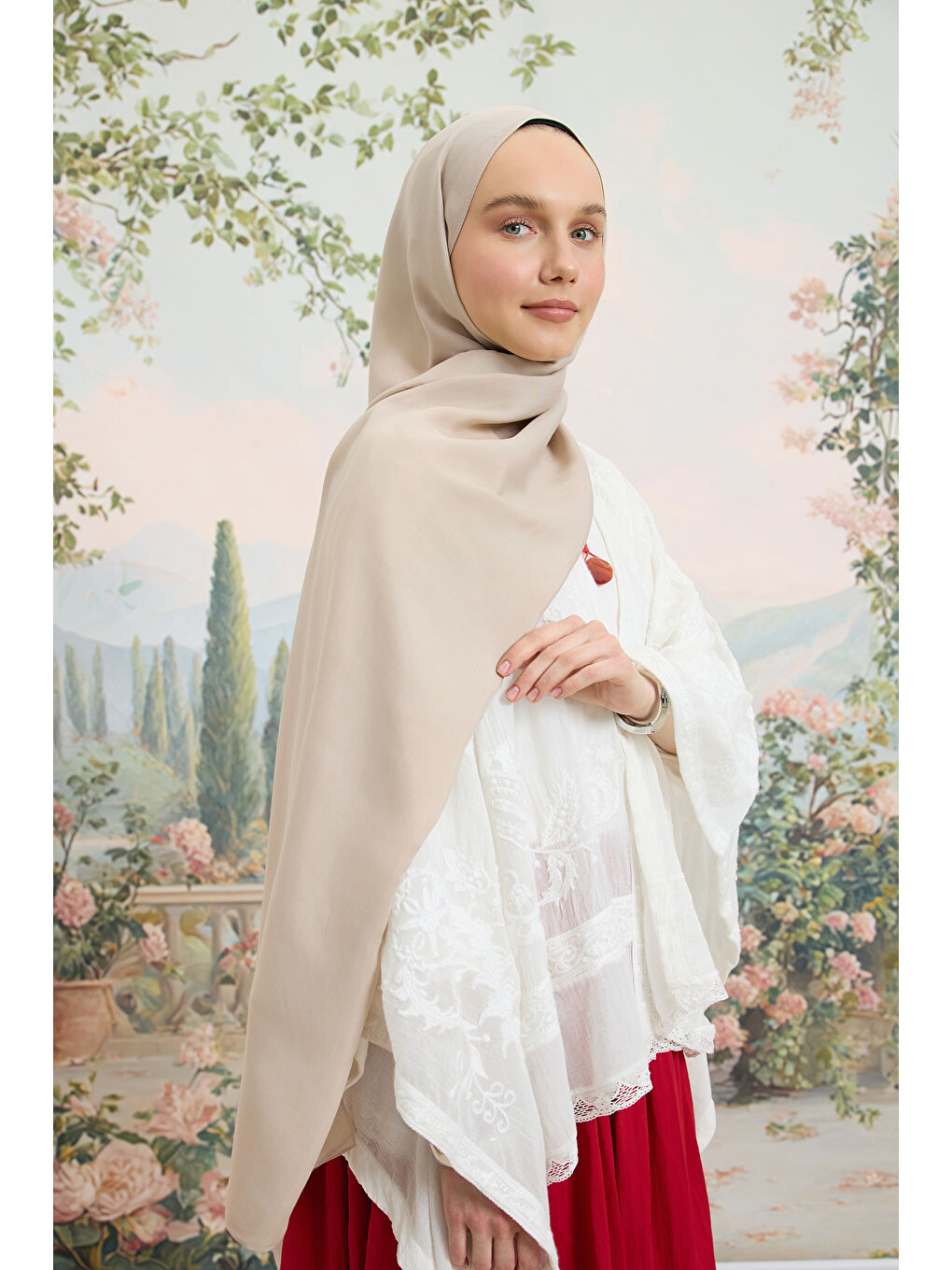 Bej Floş Viskon Düz Şal Taş-2