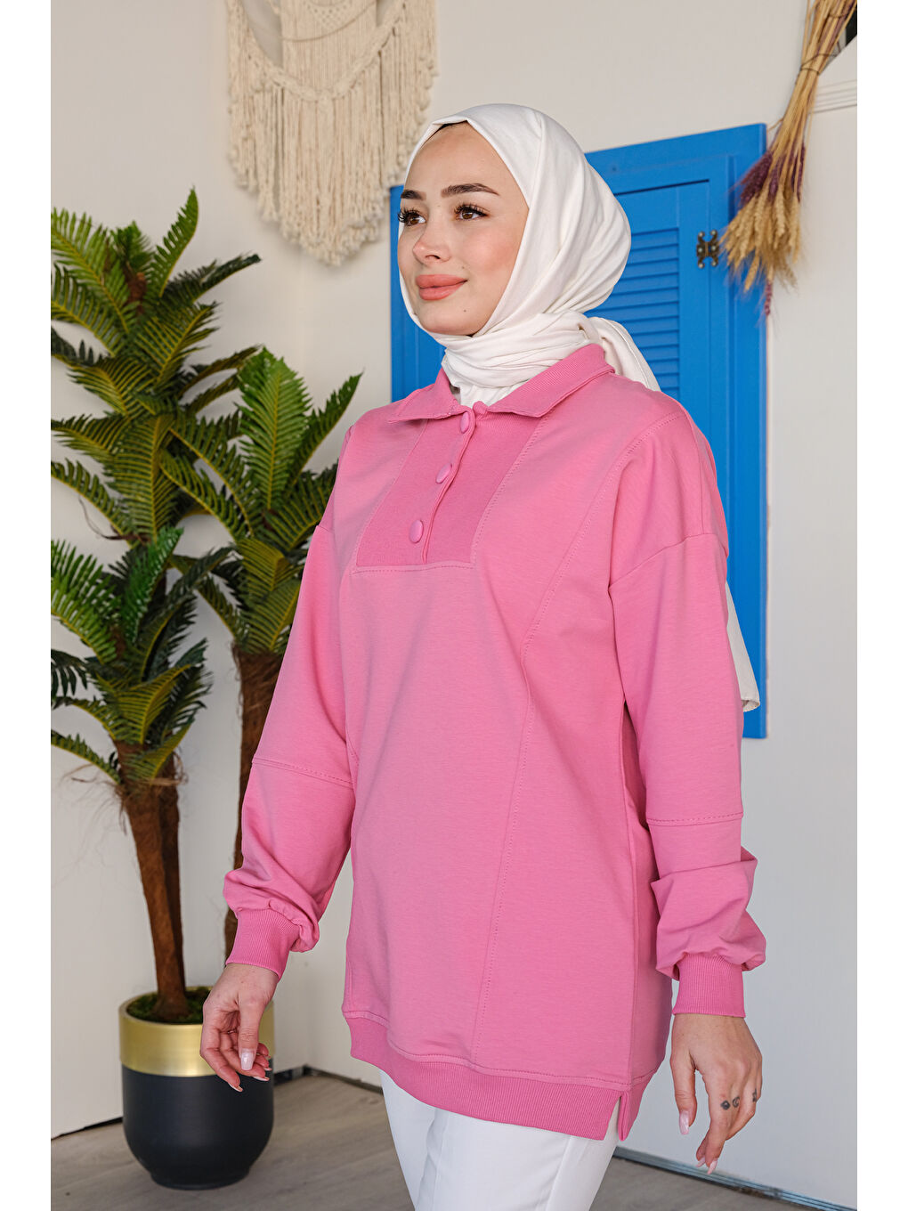 Locco Moda Kumaş Düğme Detay Tunik Pembe - 1