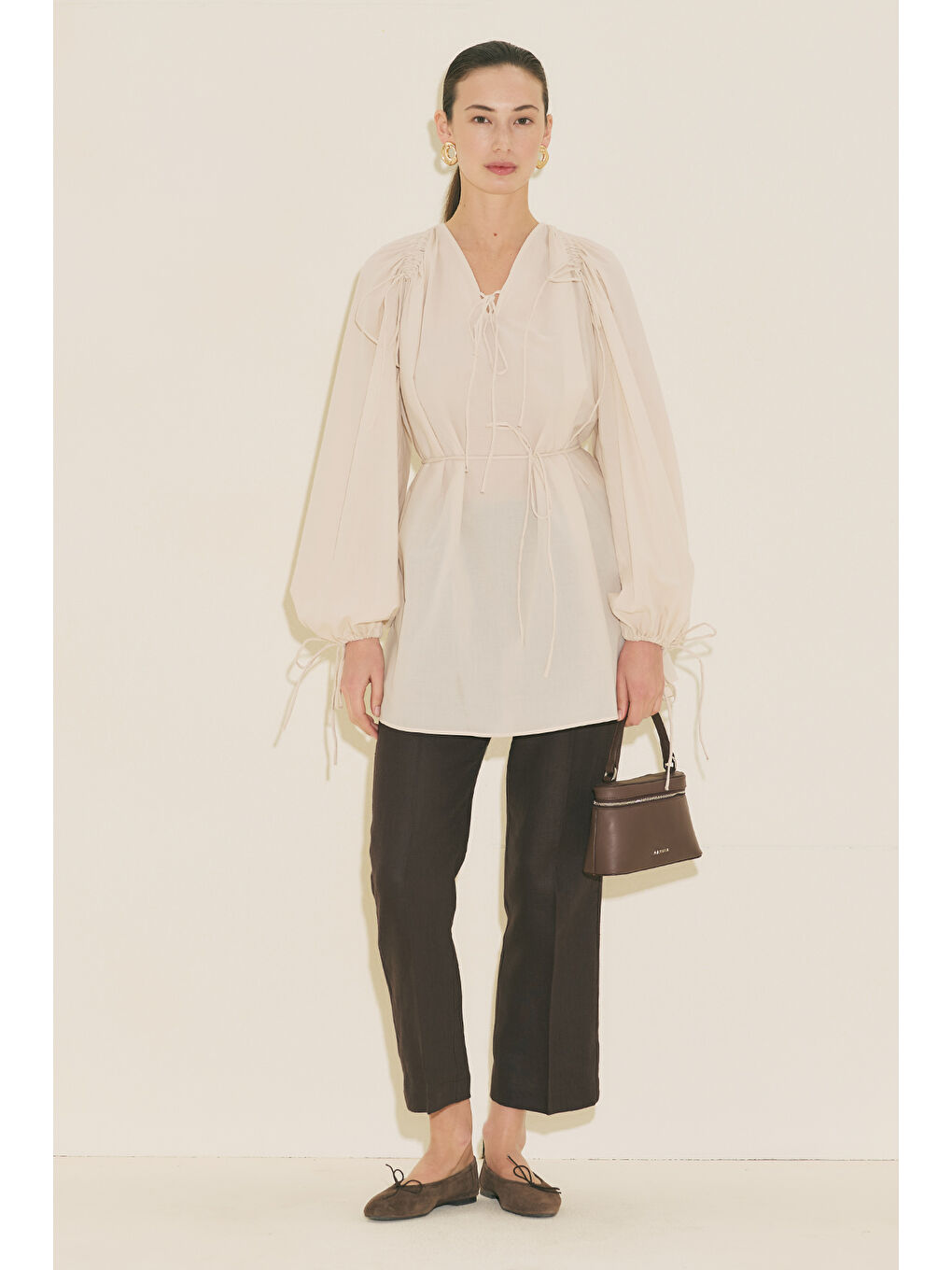 Bej Bağlama Detaylı Tunik Vanilya-4