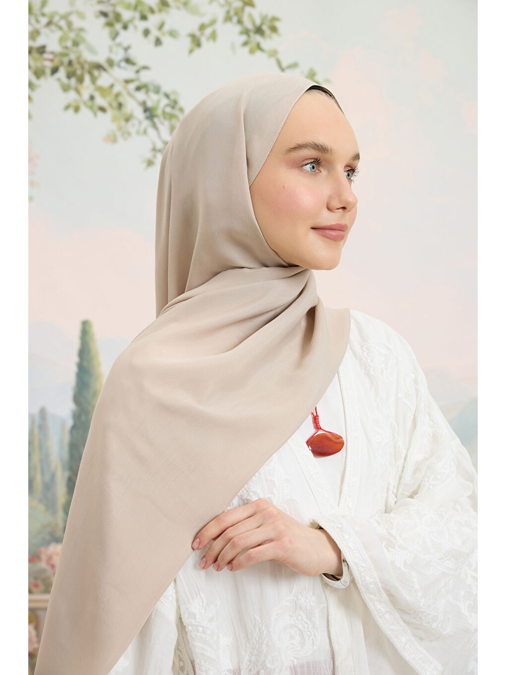 Bej Floş Viskon Düz Şal Taş-3