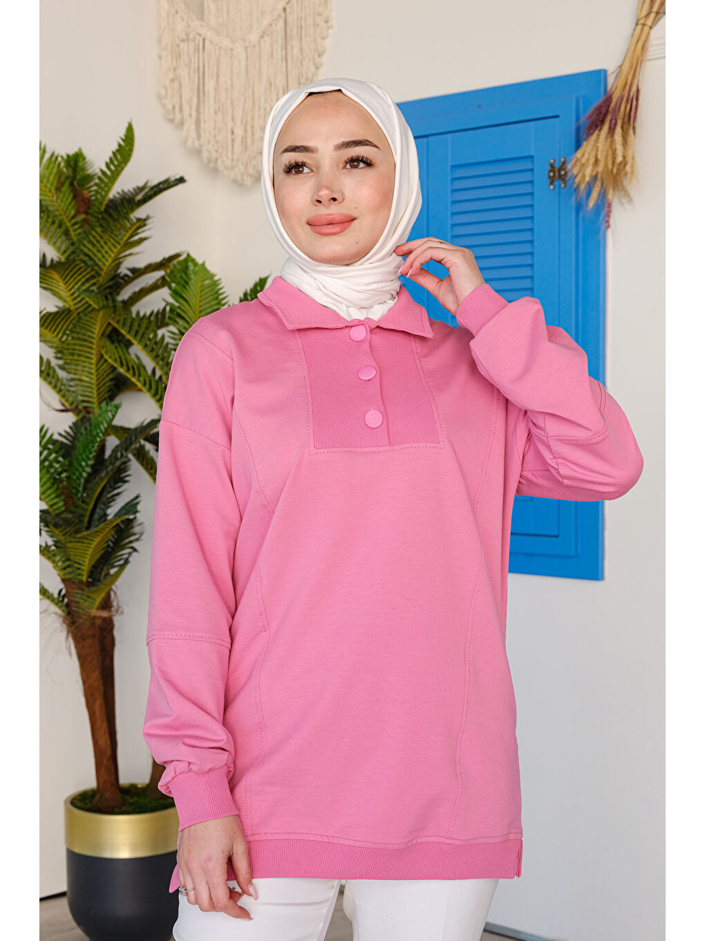 Locco Moda Kumaş Düğme Detay Tunik Pembe - 2