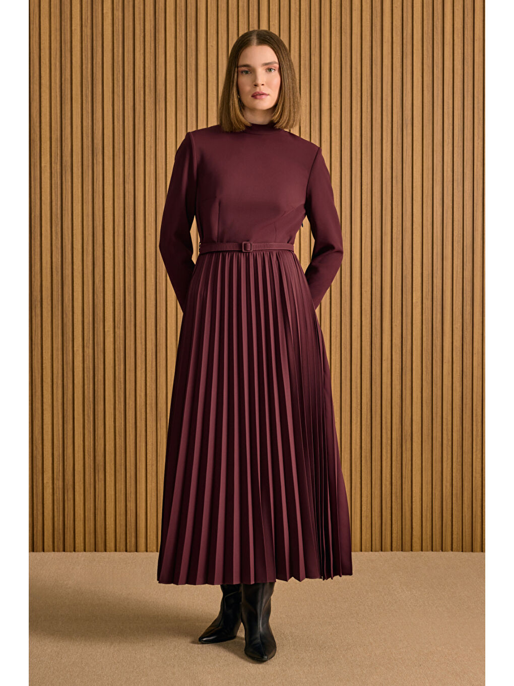 Bordo Piliseli Elbise-1