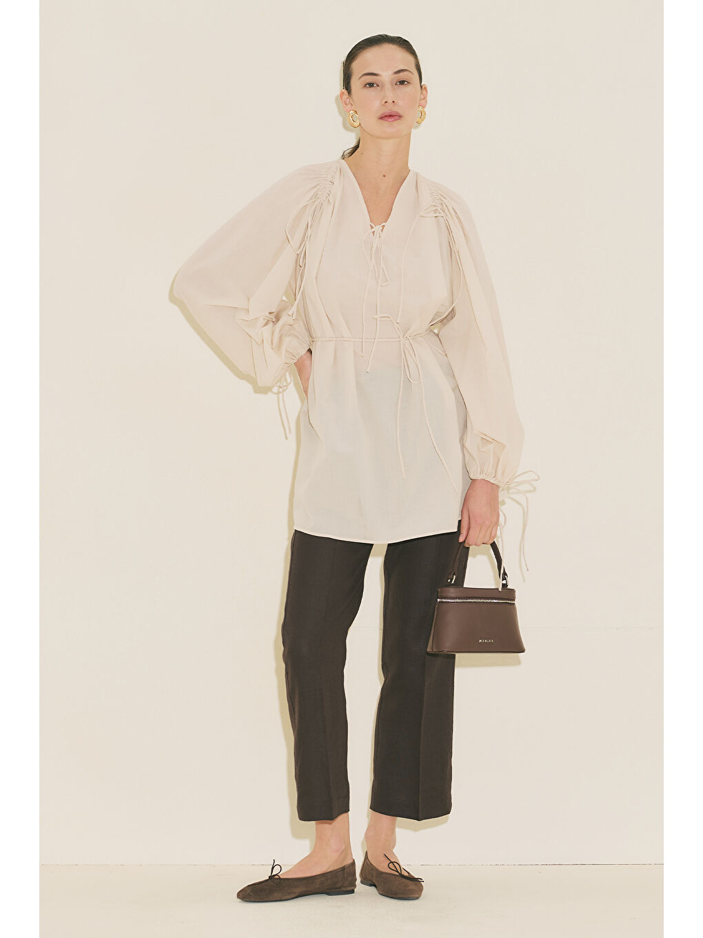 Bej Bağlama Detaylı Tunik Vanilya-5