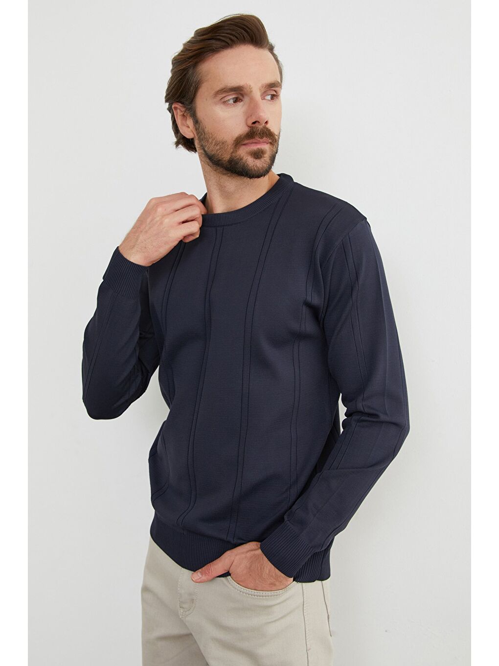 Lacivert Şeritli Bisiklet Yaka Triko Kazak-4